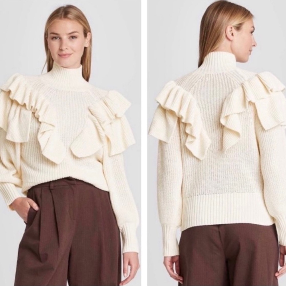 Prologue Cream Ruffle Dolman Sleeve Mock Neck Sweater Romantic Cottagecore Boho
